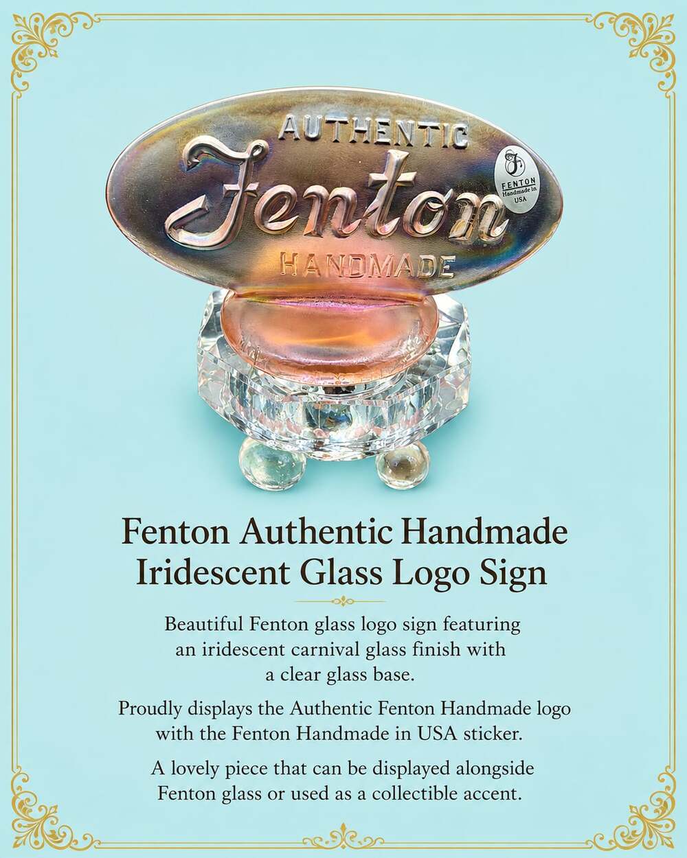 Fenton Authentic Handmade Iridescent Carnival Glass Logo Sign with Clear Base